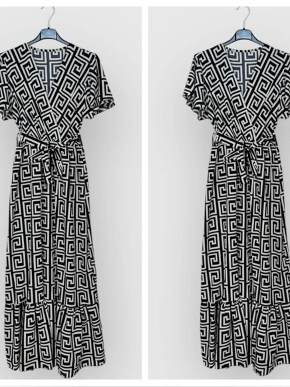 NWT Made in Italy Black & White Patterned Maxi Dress with V Surplice Neckline.